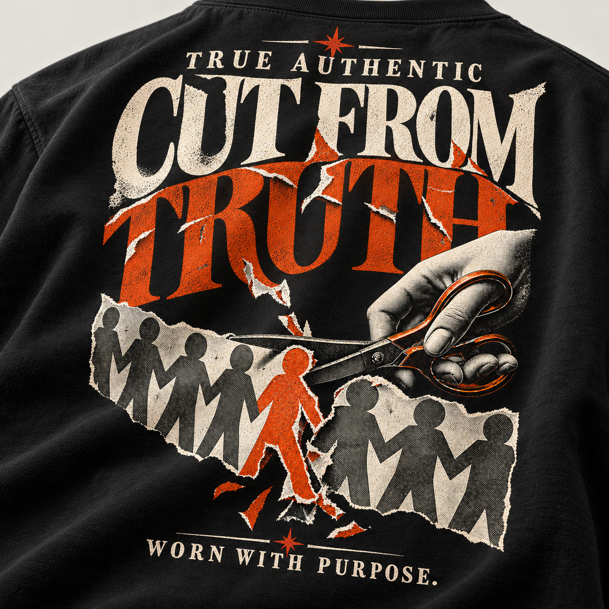 TRUE AUTHENTIC cut from truth black 7 oz cotton graphic T-shirt — back detail view