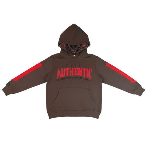 Front view of the True Authentic "Every Thread" men's brown hoodie featuring bold red distressed lettering and red sleeve panels.