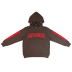 Front view of the True Authentic "Every Thread" charcoal hoodie featuring red tactile lettering and red sleeve panels.