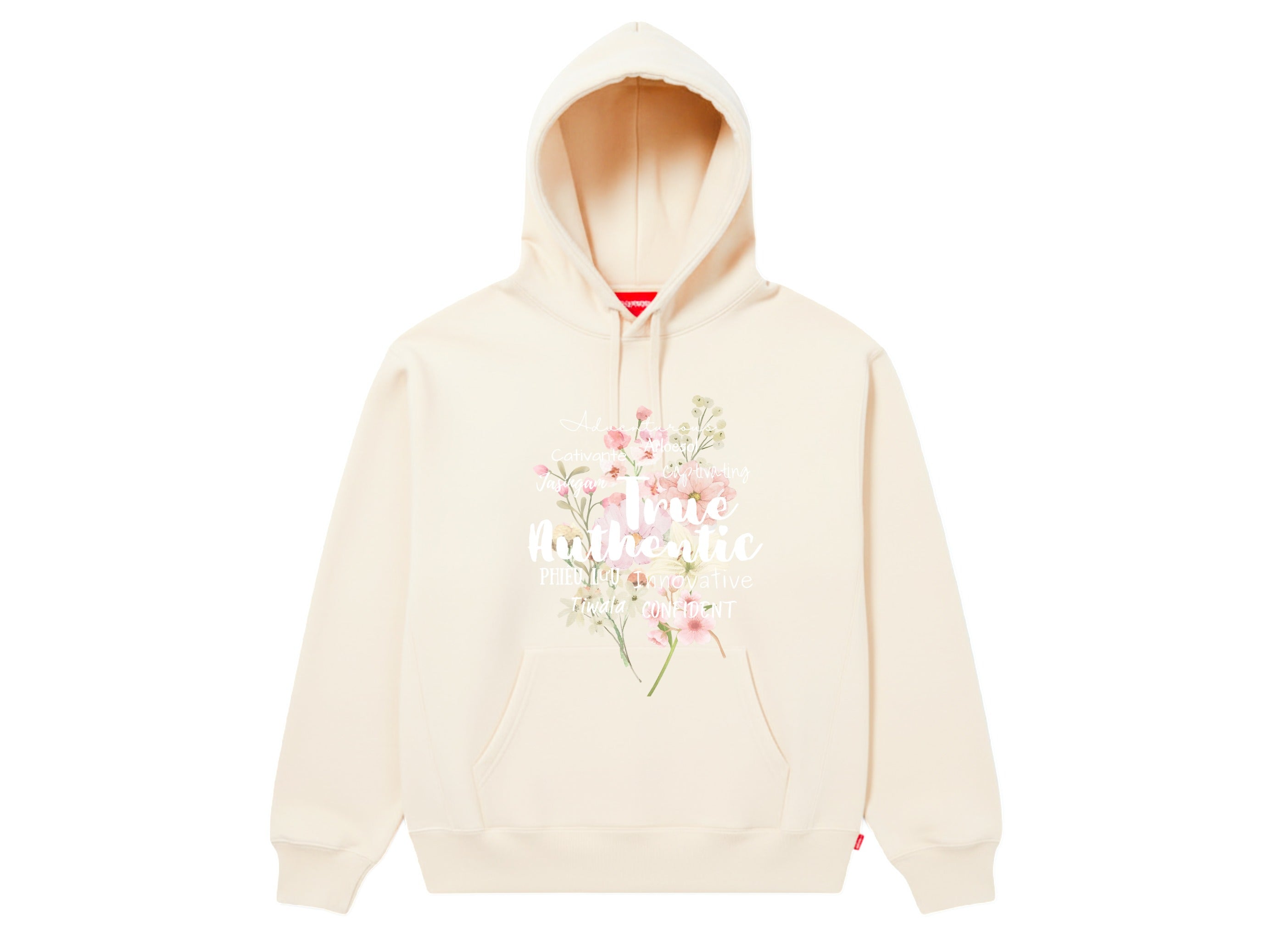 Front view of a cream-colored True Authentic women's hoodie featuring a colorful floral graphic and white text on the chest.