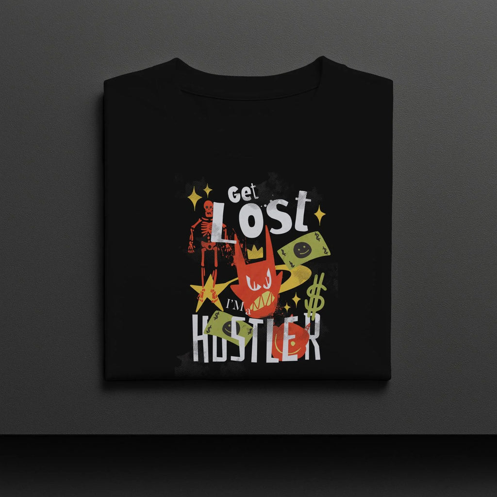 Black t-shirt with colorful graphic design and text on a dark background