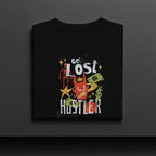 Black t-shirt with colorful graphic design and text on a dark background