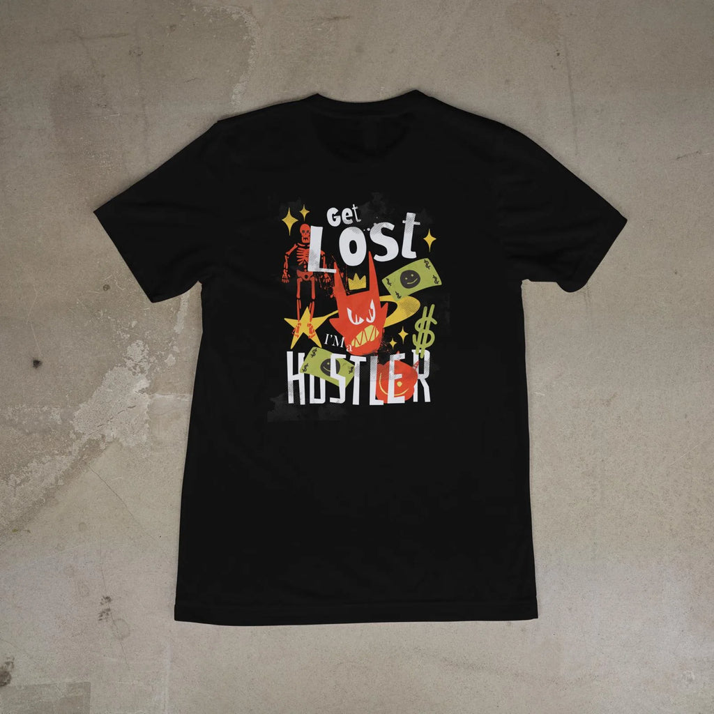 Black t-shirt with colorful graphic design on a textured surface