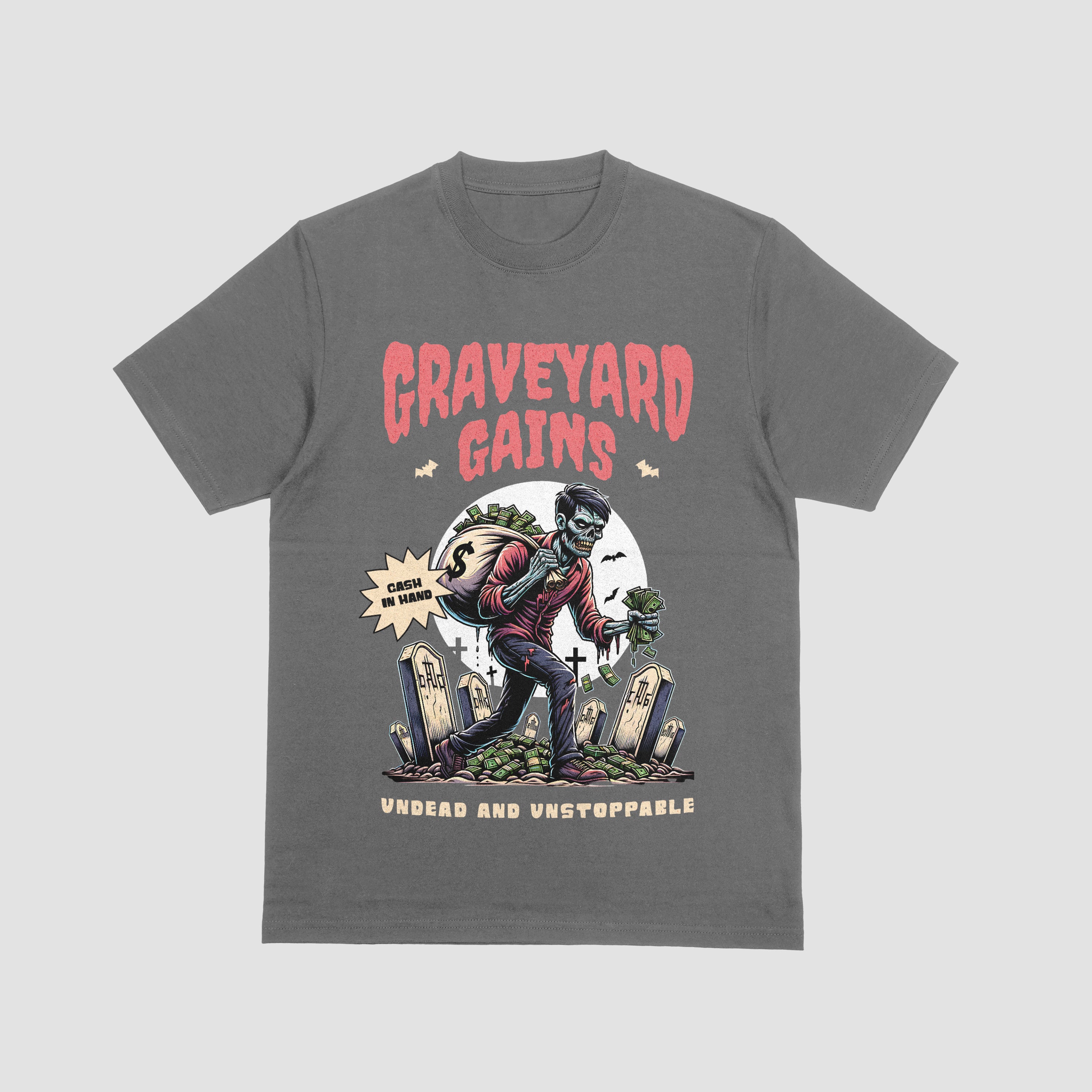 Gray t-shirt with a zombie graphic and 'Graveyard Gains' text on a light gray background