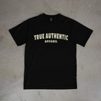 Black t-shirt with 'True Authentic Apparel' text on a concrete floor