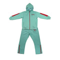 Teal tracksuit with red accents on a white background