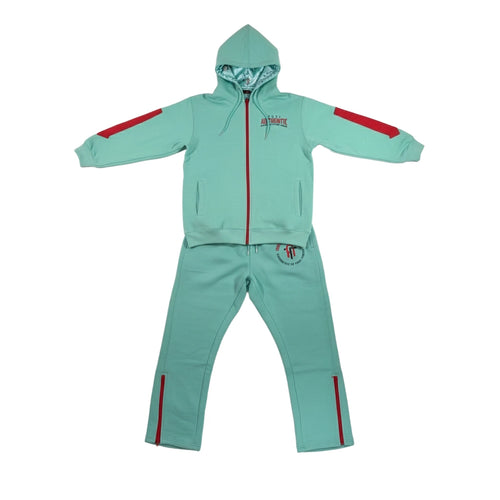 Teal tracksuit with red accents on a white background
