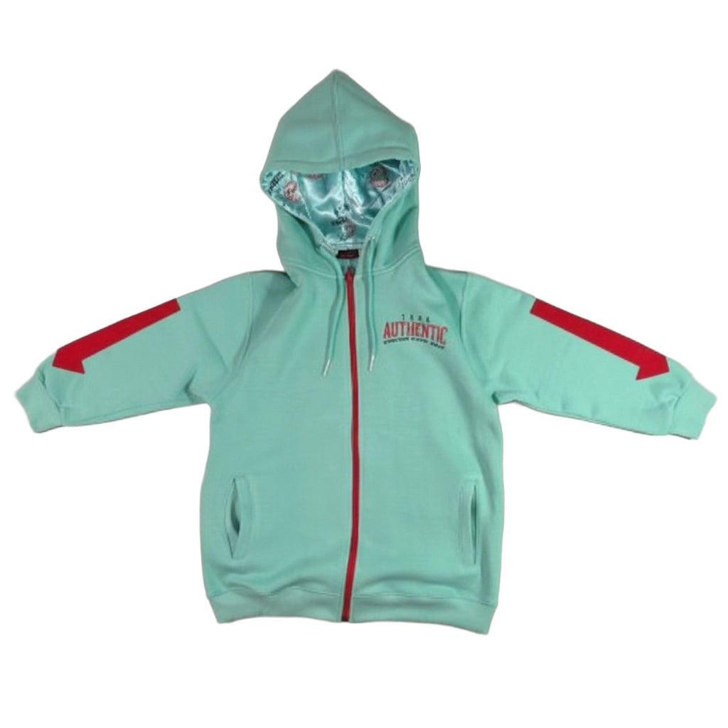 Light blue hoodie with red accents on a white background