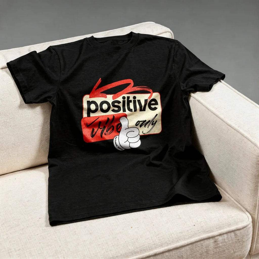 Black t-shirt with a graphic design on a beige couch