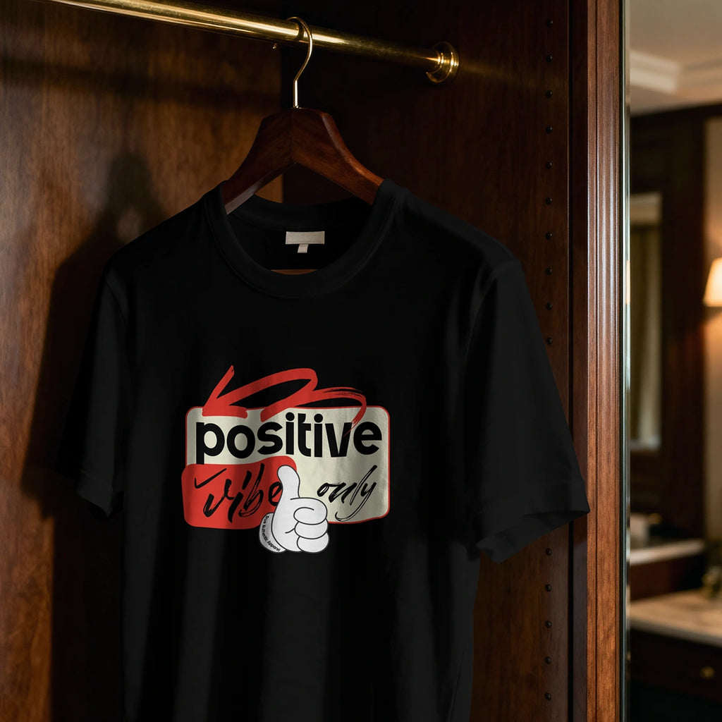 Black t-shirt with 'positive vibes only' graphic on a hanger against a wooden door.