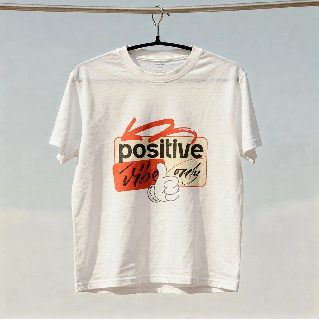 White t-shirt with a 'positive vibe only' graphic on a hanger against a light gray background