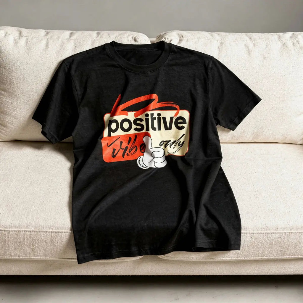 Black t-shirt with a graphic design on a beige couch