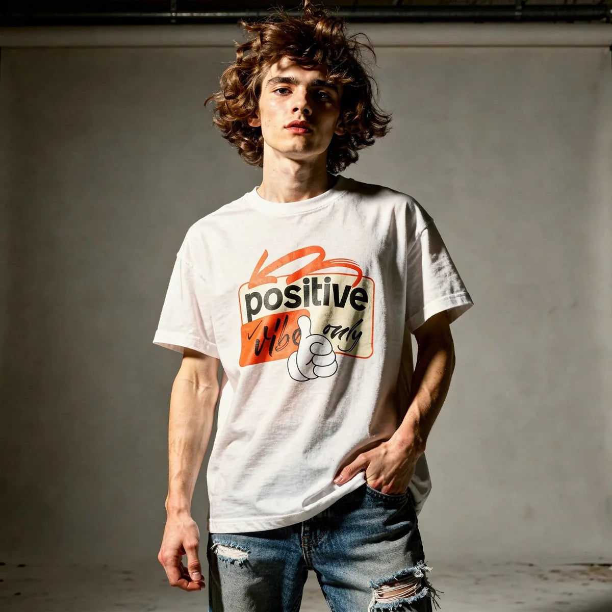 Person wearing a white t-shirt with a colorful graphic design against a plain background