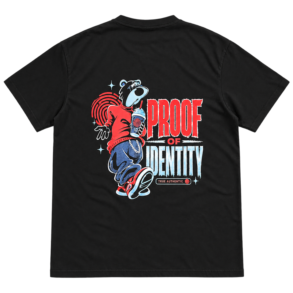 True Authentic black T-shirt back with red and blue Proof of Identity bear streetwear graphic