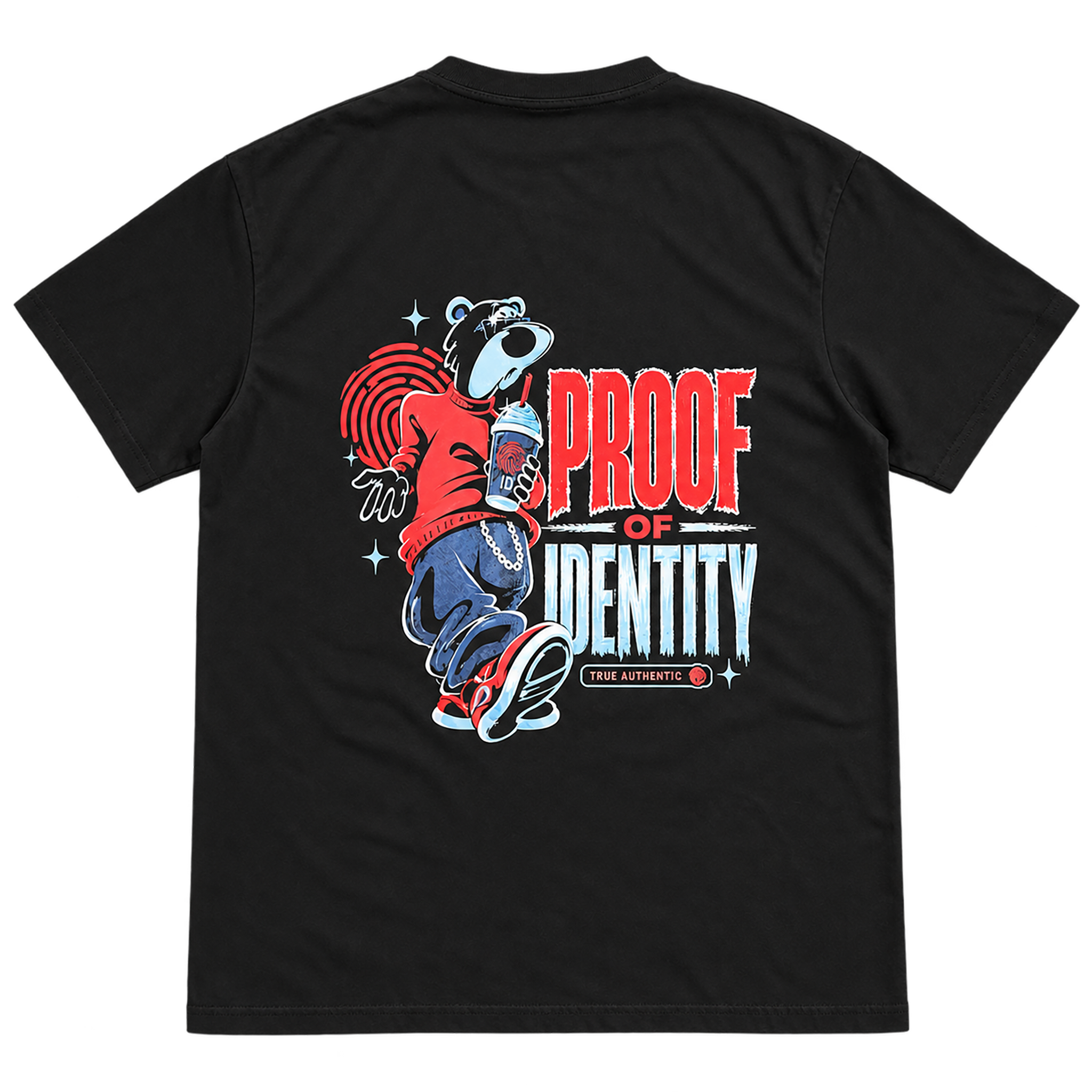 True Authentic black T-shirt back with red and blue Proof of Identity bear streetwear graphic