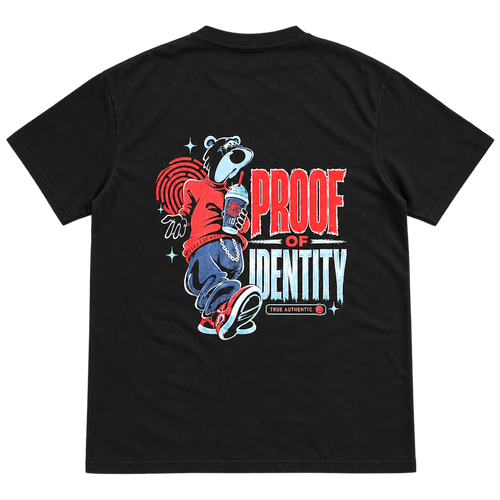 True Authentic black T-shirt back with red and blue Proof of Identity bear streetwear graphic
