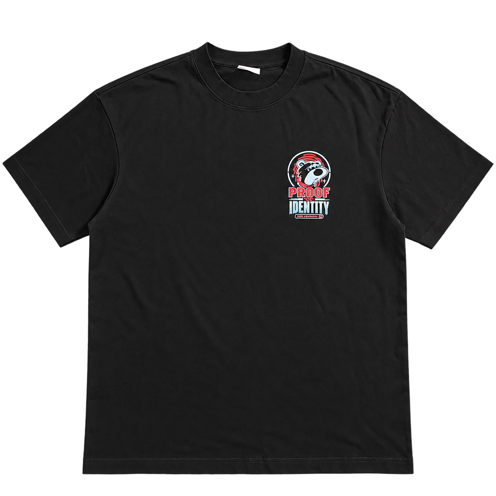 True Authentic black 300GSM heavyweight T-shirt front with Proof of Identity bear chest graphic