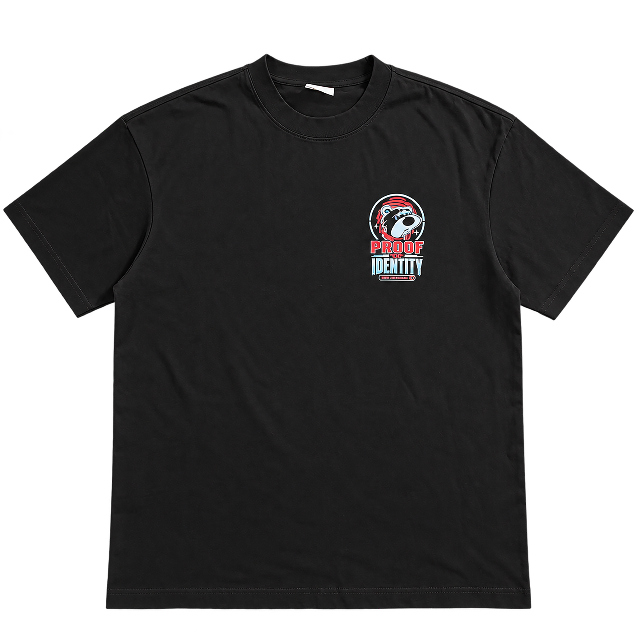 True Authentic black 300GSM heavyweight T-shirt front with Proof of Identity bear chest graphic