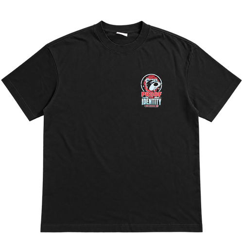 True Authentic black 300GSM heavyweight T-shirt front with Proof of Identity bear chest graphic