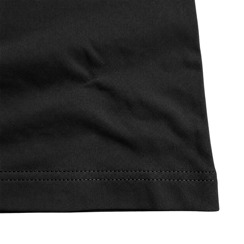 Black heavyweight cotton T-shirt fabric texture and double stitched hem detail
