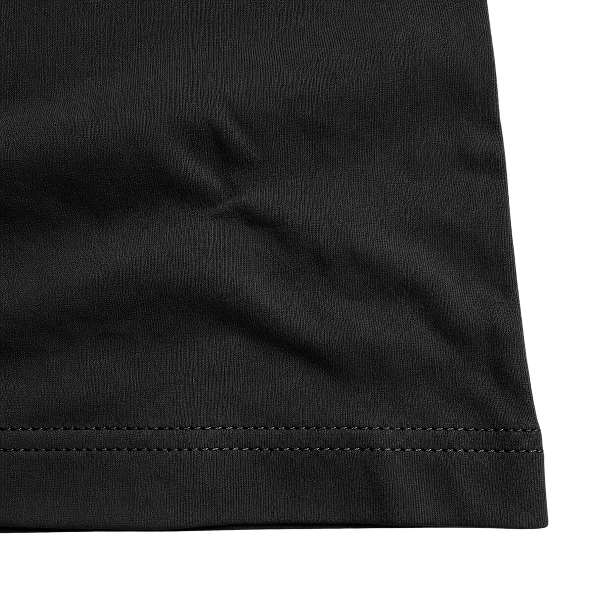 Black heavyweight cotton T-shirt fabric texture and double stitched hem detail