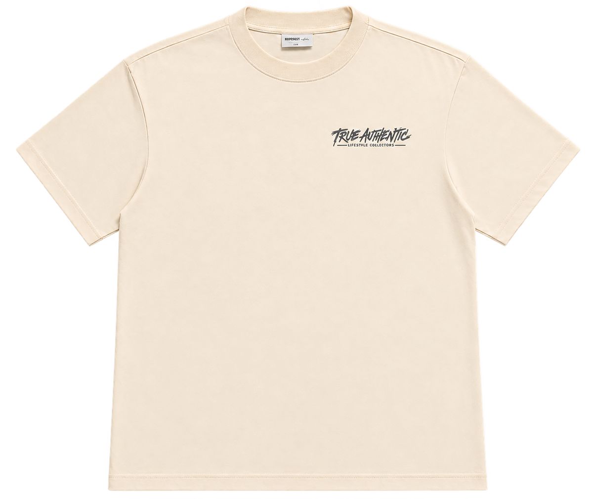 True Authentic cream 300GSM heavyweight cotton T-shirt front with small chest logo