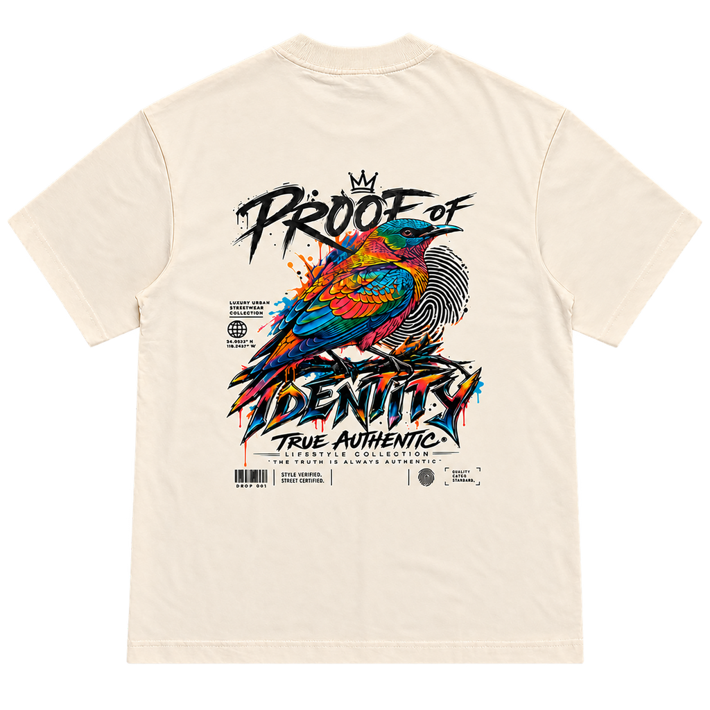 True Authentic Proof of Identity cream T-shirt back with colorful bird streetwear graphic