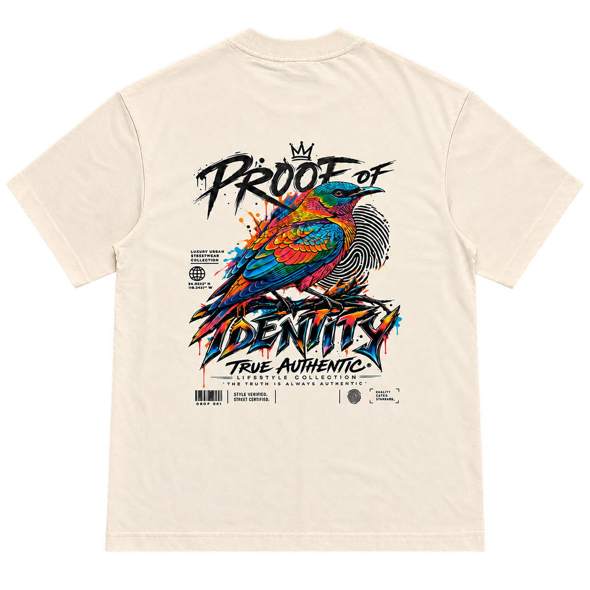 True Authentic Proof of Identity cream T-shirt back with colorful bird streetwear graphic