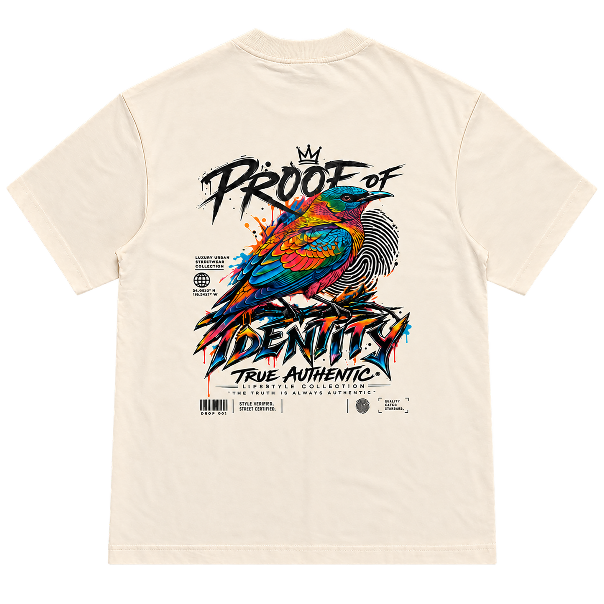 True Authentic Proof of Identity cream T-shirt back with colorful bird streetwear graphic