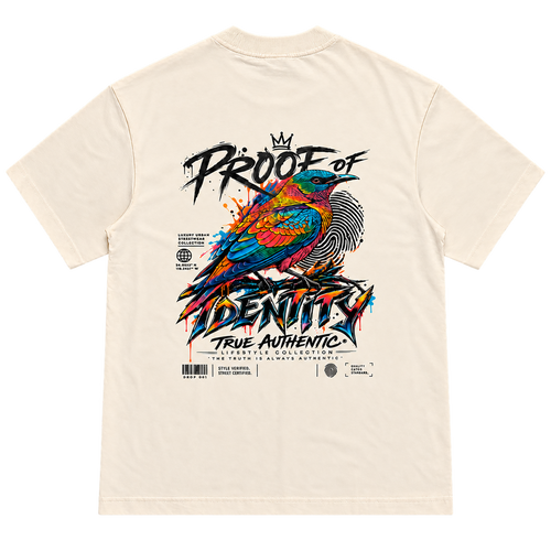 True Authentic Proof of Identity cream T-shirt back with colorful bird streetwear graphic