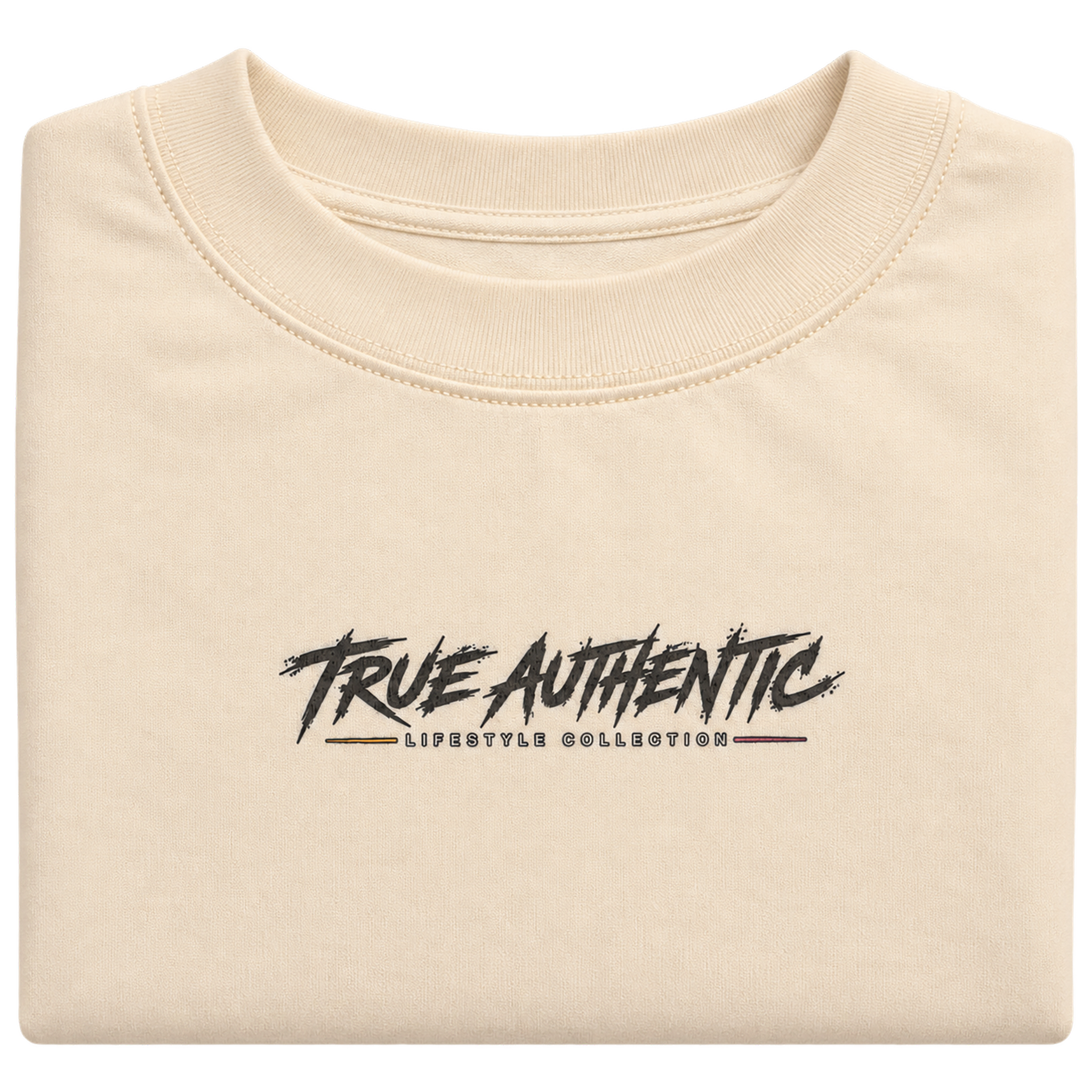Close-up of True Authentic Lifestyle Collection logo on cream heavyweight cotton T-shirt