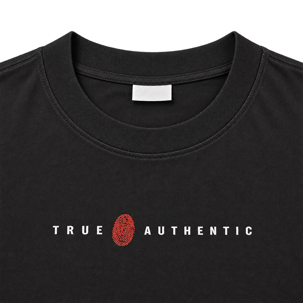 Black 300GSM cotton T-shirt ribbed crew neck with True Authentic fingerprint logo