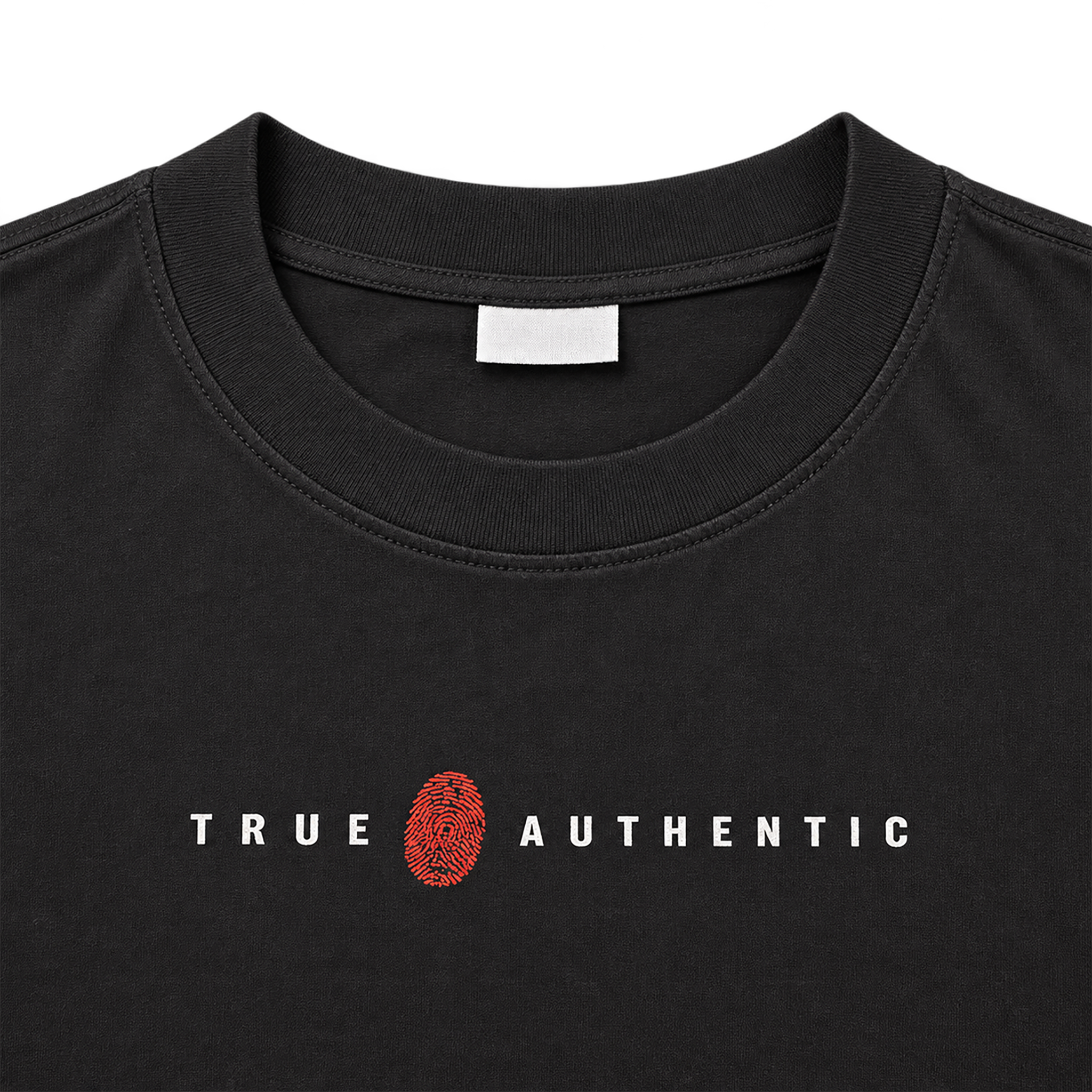 Black 300GSM cotton T-shirt ribbed crew neck with True Authentic fingerprint logo