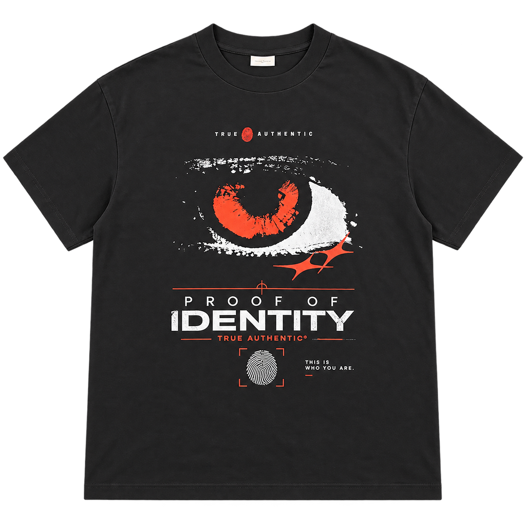 True Authentic black 300GSM heavyweight T-shirt front with red white eye graphic