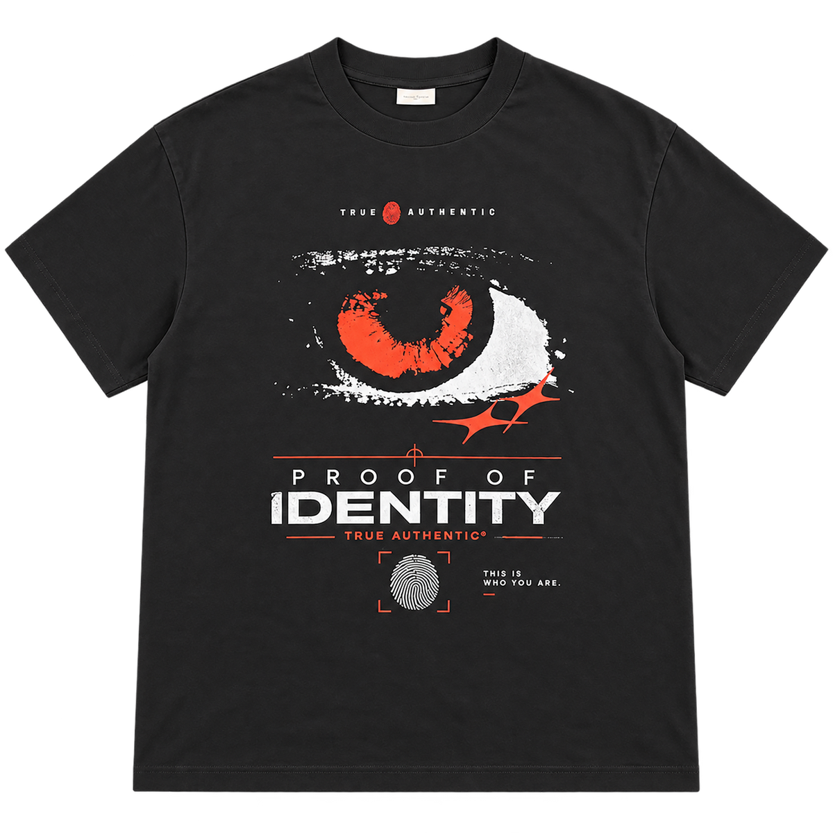 True Authentic black 300GSM heavyweight T-shirt front with red white eye graphic
