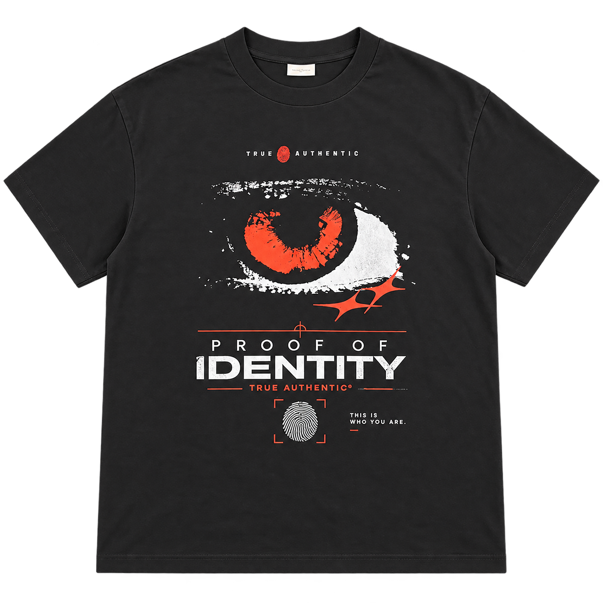 True Authentic black 300GSM heavyweight T-shirt front with red white eye graphic