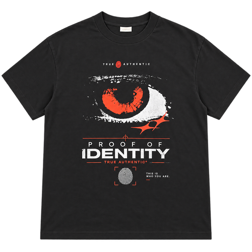 True Authentic black 300GSM heavyweight T-shirt front with red white eye graphic
