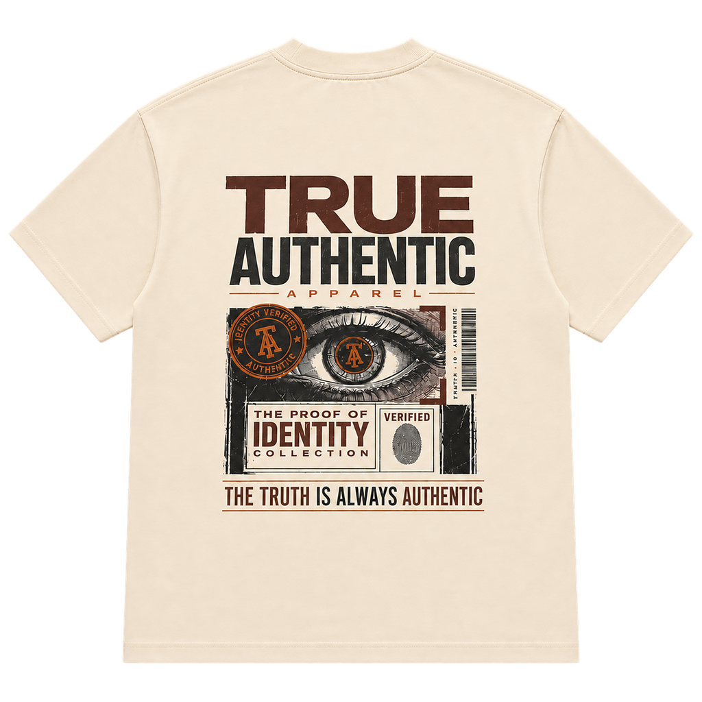 True Authentic Proof of Identity cream T-shirt back with eye and fingerprint graphic