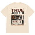 True Authentic Proof of Identity cream T-shirt back with eye and fingerprint graphic