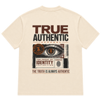 True Authentic Proof of Identity cream T-shirt back with eye and fingerprint graphic