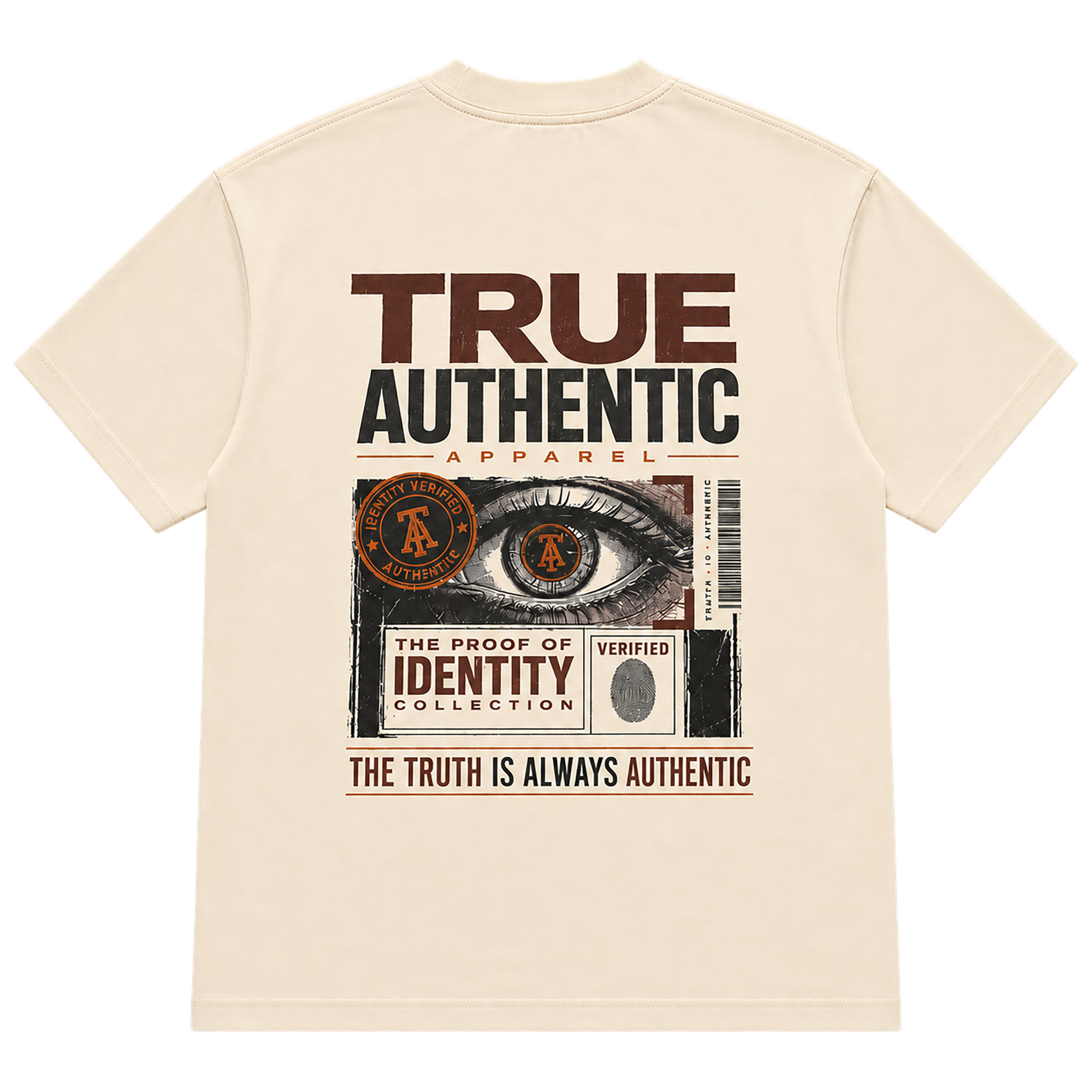True Authentic Proof of Identity cream T-shirt back with eye and fingerprint graphic