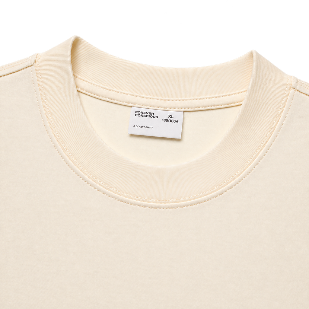 Cream heavyweight cotton T-shirt ribbed crew neck and label detail