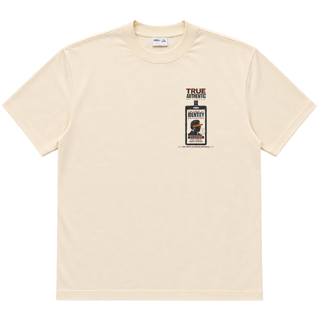 True Authentic cream 300GSM heavyweight T-shirt front with Proof of Identity chest graphic