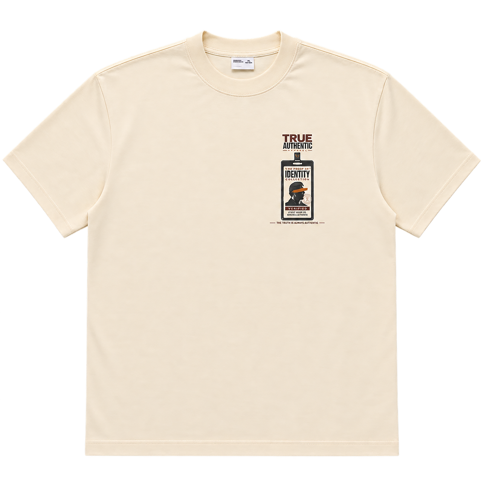 True Authentic cream 300GSM heavyweight T-shirt front with Proof of Identity chest graphic