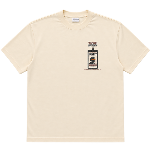 True Authentic cream 300GSM heavyweight T-shirt front with Proof of Identity chest graphic