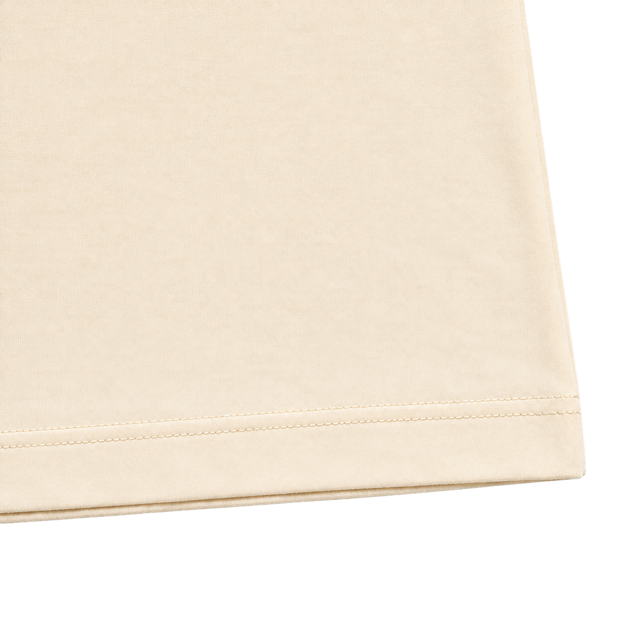 Cream 300GSM cotton T-shirt fabric texture and double stitched hem detail
