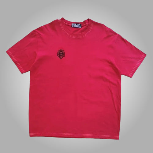 Flat lay of a vibrant red True Authentic regular fit men's t-shirt with a small black embroidered logo on the chest.