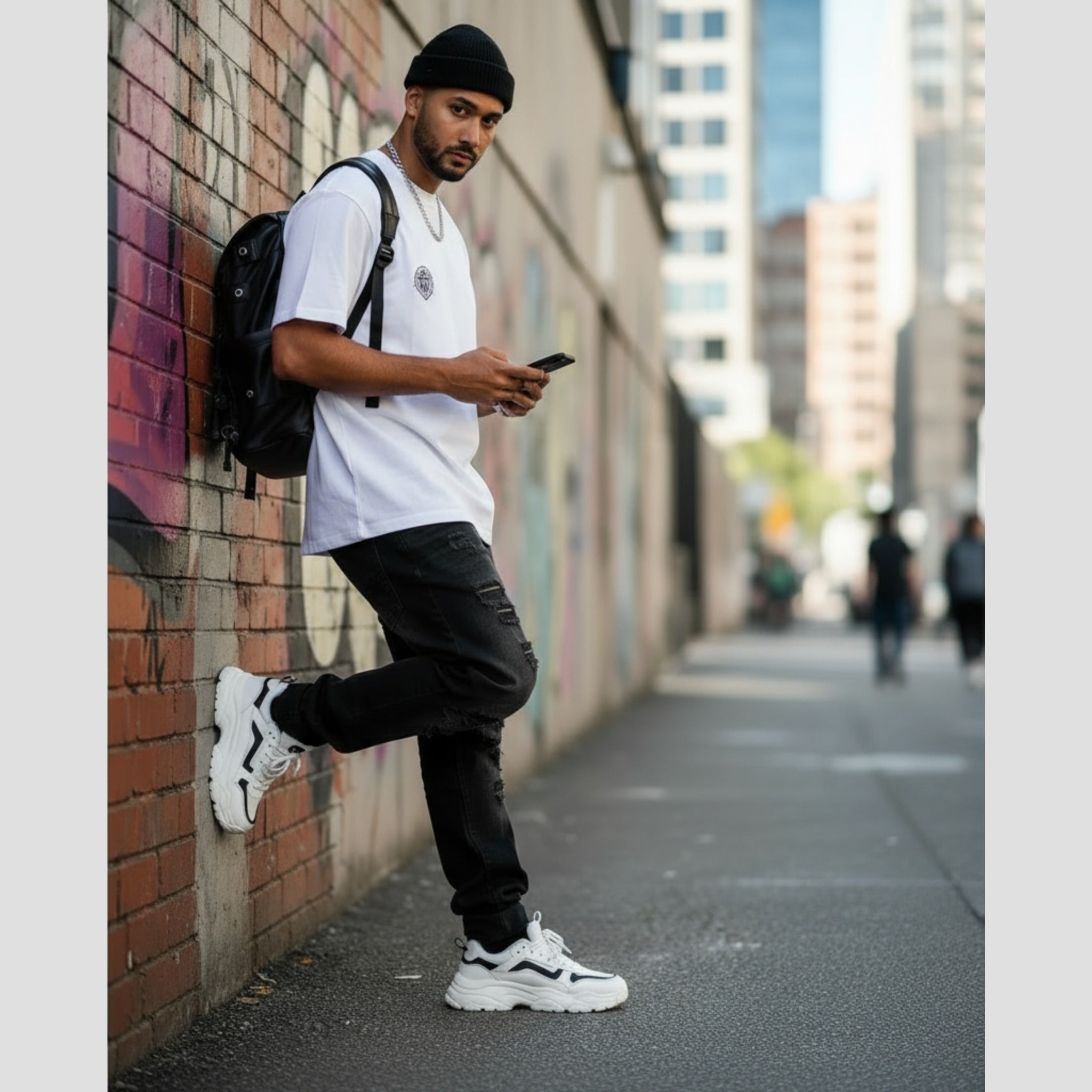 Man leaning against a graffiti-covered wall in an urban setting