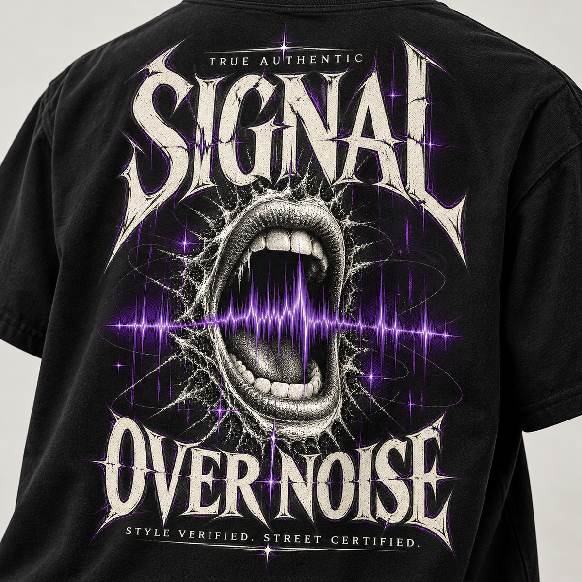 TRUE AUTHENTIC signal over noise black cotton graphic tee — oversized back artwork, close-up