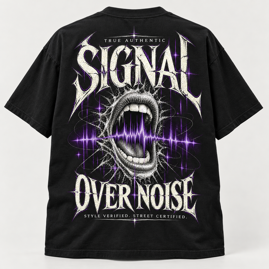 TRUE AUTHENTIC signal over noise black 7 oz cotton graphic T-shirt — back view